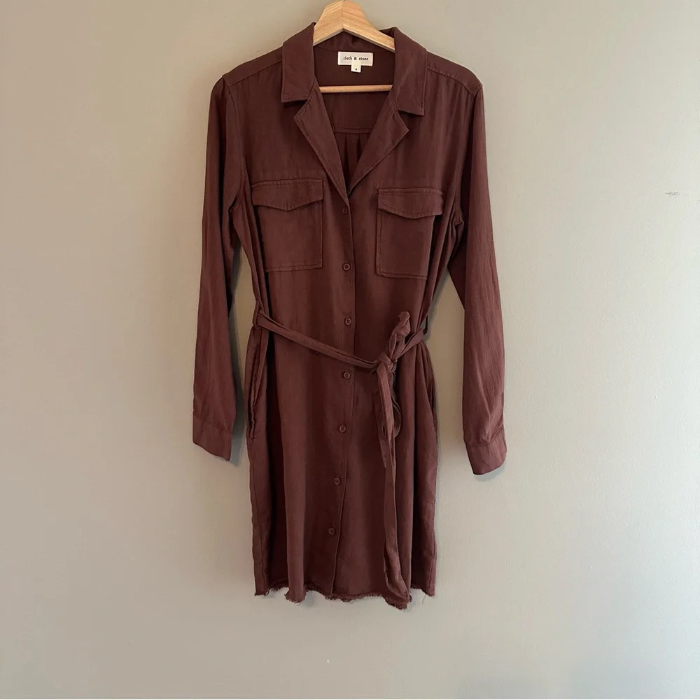 Cloth & Stone Maroon Rust Long Sleeve Linen Colored Dress - Picture 2 of 9
